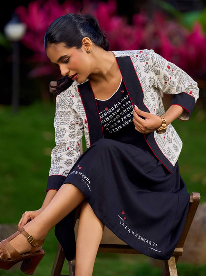 Graceful Black Rayon Pleated Dress with Script Art and Painted Hemline - Jacket Optional