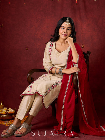 Ivory Cotton Silk Kurta with Floral Embroidery & Pearl Lace Accents