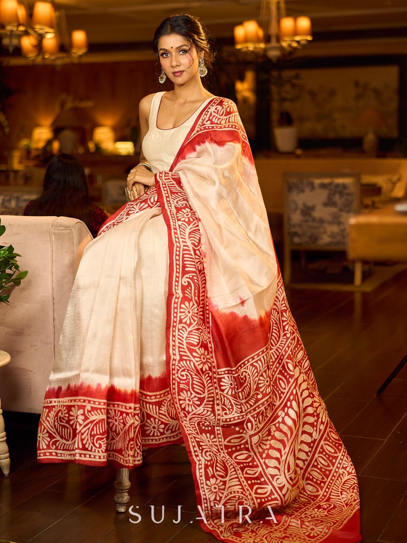 Handcrafted Ivory Pure Silk Saree with Red Kalamkari Print & Ombre Effect