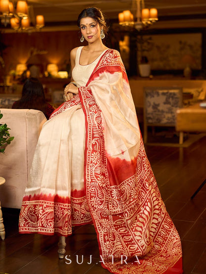 Handcrafted Ivory Pure Silk Saree with Red Kalamkari Print & Ombre Effect