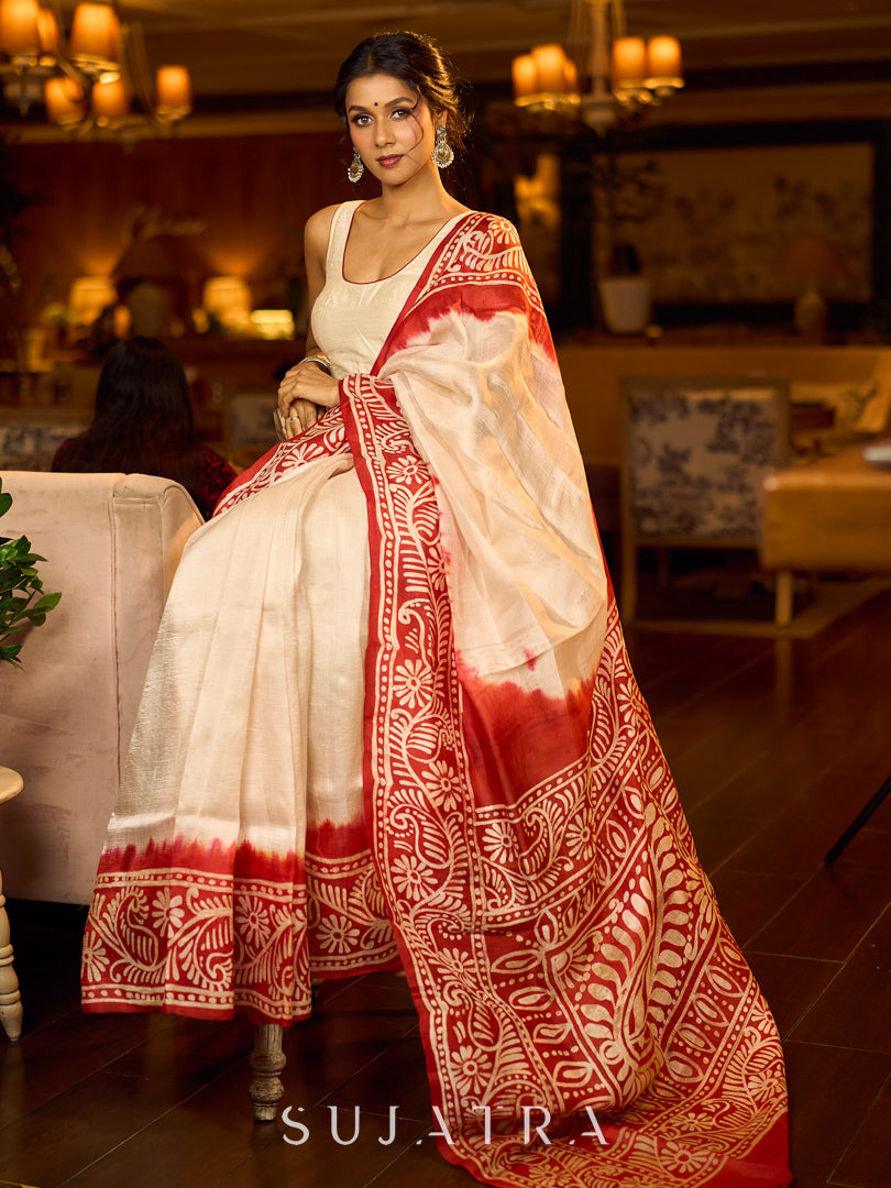 Handcrafted Ivory Pure Silk Saree with Red Kalamkari Print & Ombre Effect