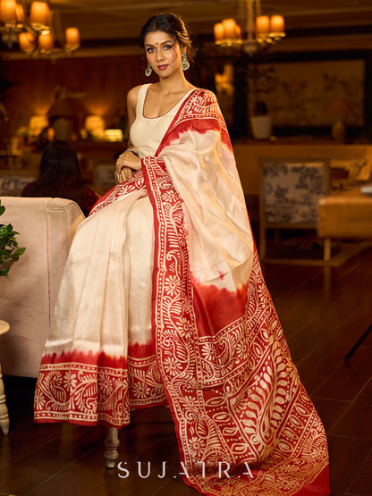 Handcrafted Ivory Pure Silk Saree with Red Kalamkari Print & Ombre Effect