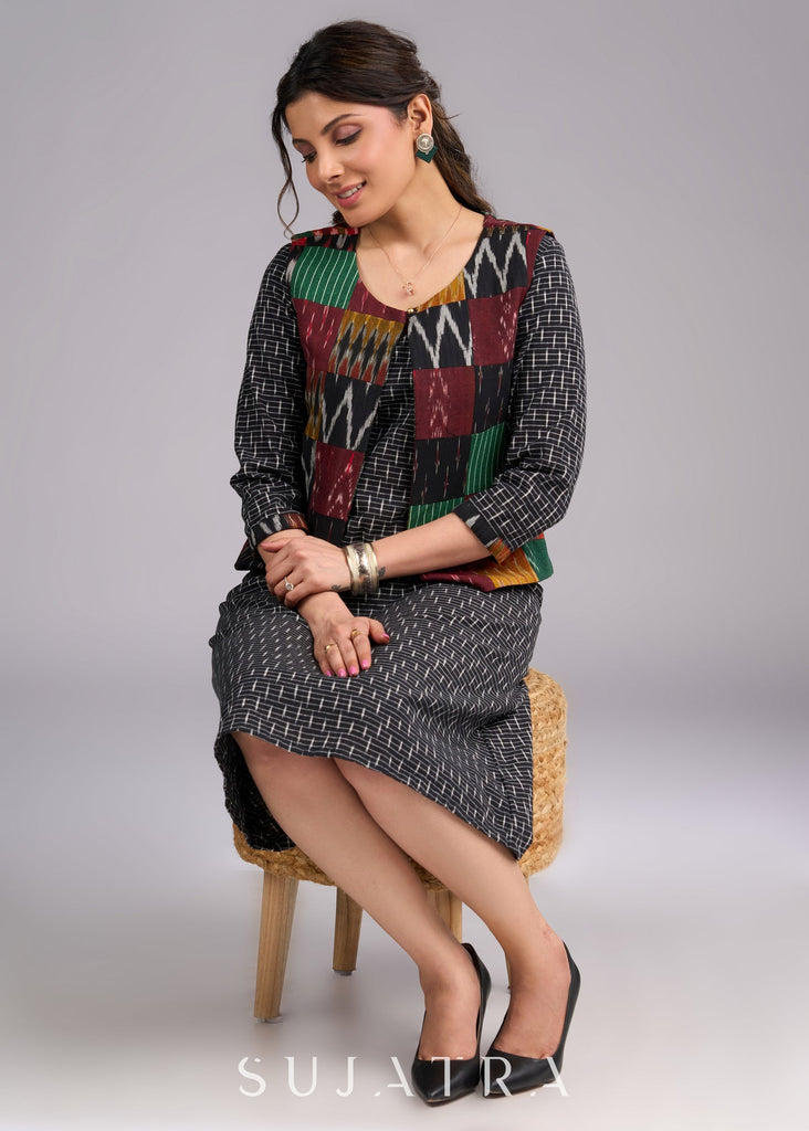 Boho Patchwork Ikat Sleeveless Open-Front Jacket