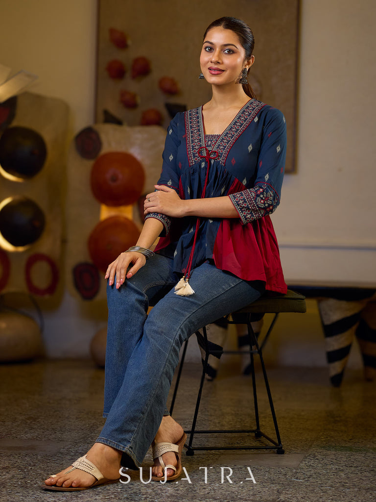 Indie Boho Printed Top with Blue & Maroon Gathered Detailing