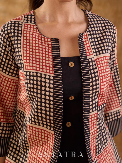 Terracotta Black Polka Geometric Print Cotton Short Jacket with Flared Bell Sleeves
