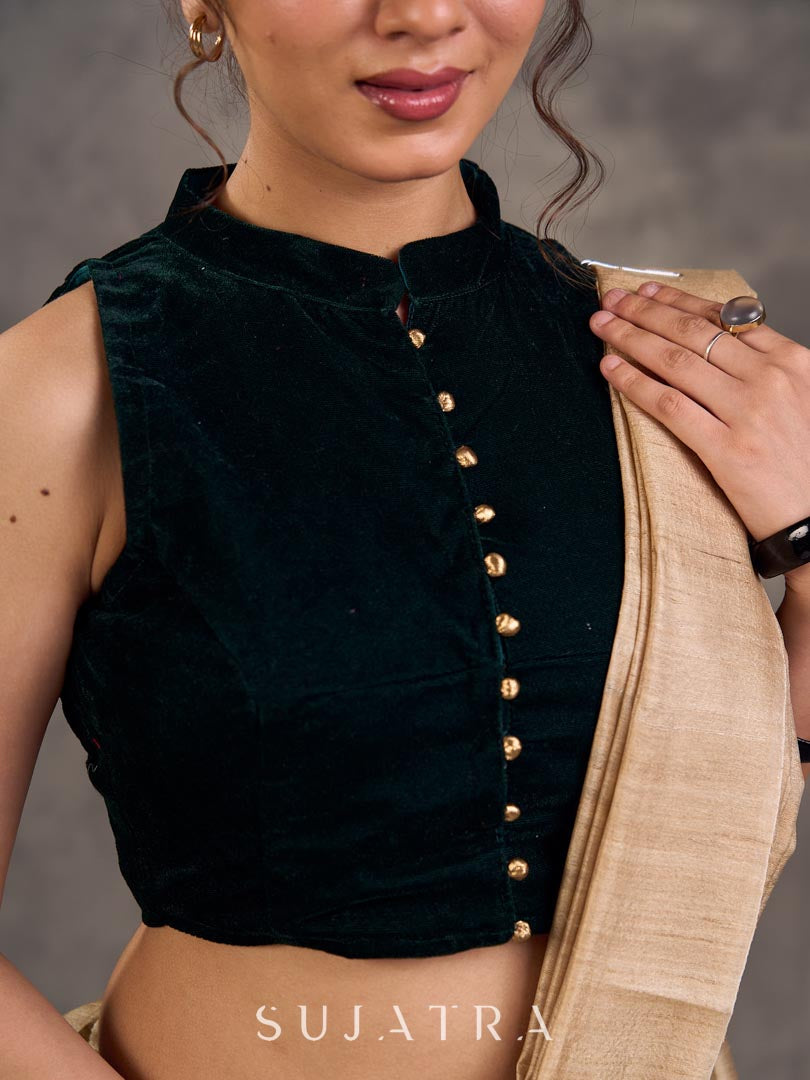 Emerald Green Velvet Sleeveless Collared Blouse with Gold Button Detailing