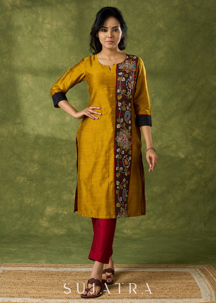Elegant Mustard Cotton Silk Kalamkari Kurta - Pant Optional