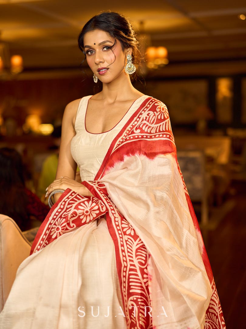 Cream and Red Pure Silk Saree with Ombre Effect and Kalamkari Printed Pallu & Border