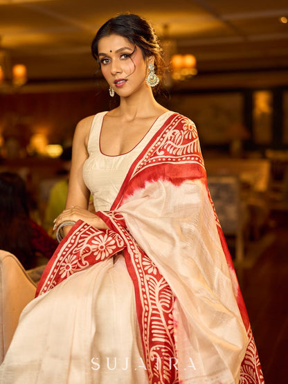 Cream and Red Pure Silk Saree with Ombre Effect and Kalamkari Printed Pallu & Border