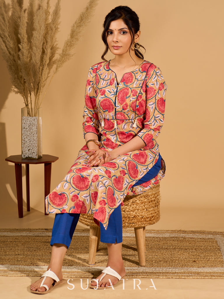 Classic Cream Mul Cotton Printed Kurta with Playful Tassels and Piping