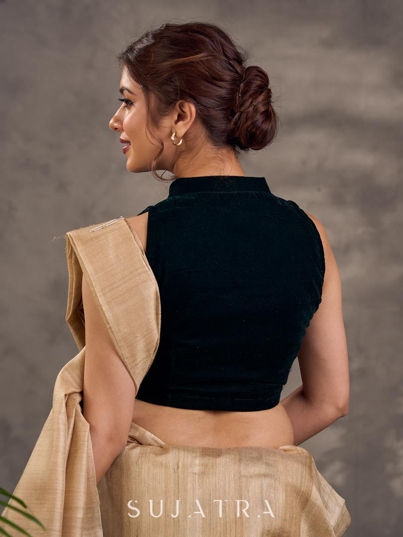 Emerald Green Velvet Sleeveless Collared Blouse with Gold Button Detailing