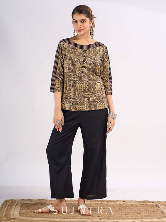 Beige Cotton Ajrakh Top with Contrast Black Stripe Detail on Sleeves and Neckline