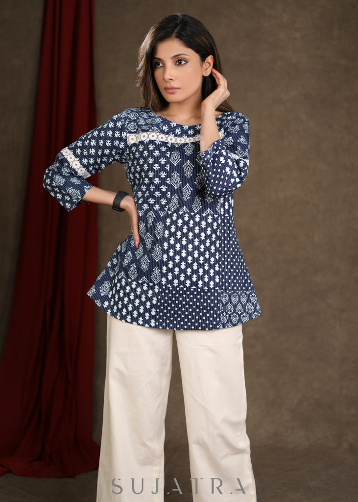 Smart Cotton Indigo Printed Top with White Lace