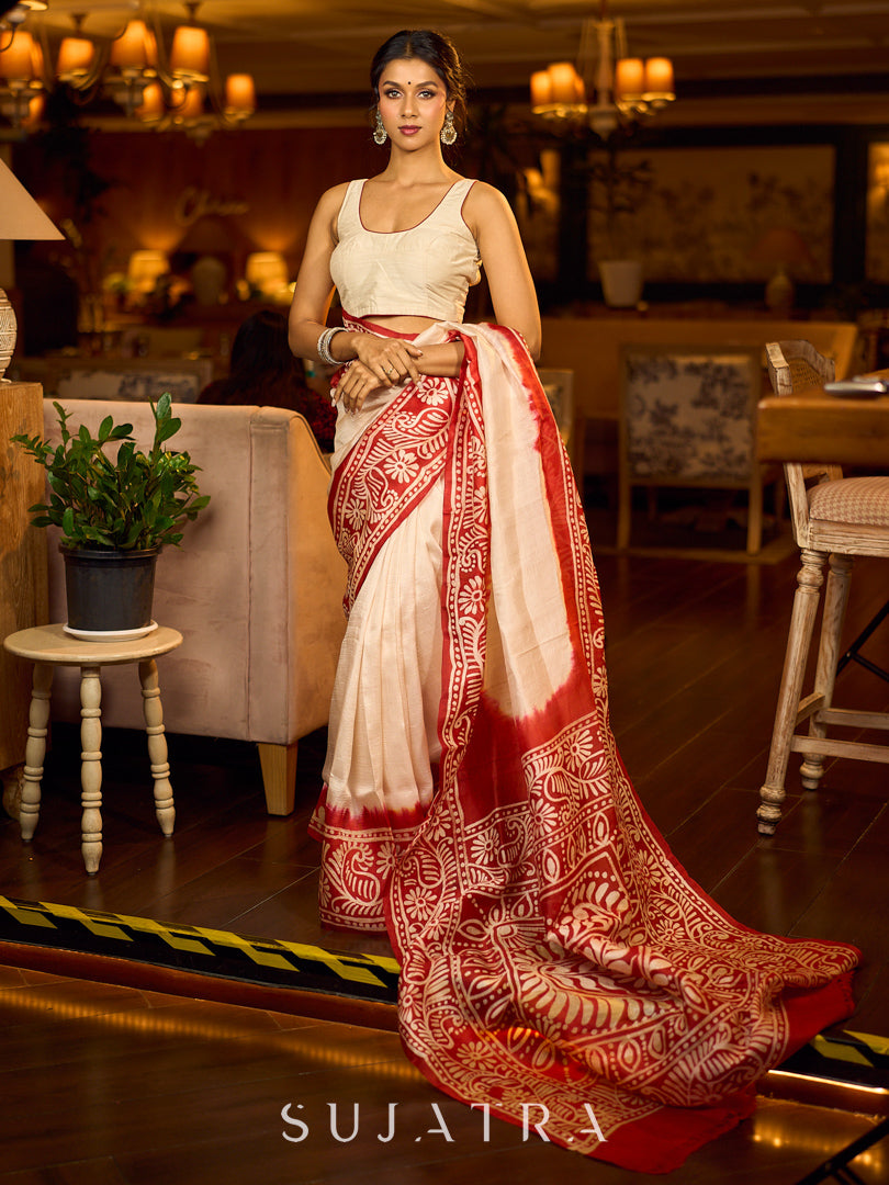 Handcrafted Ivory Pure Silk Saree with Red Kalamkari Print & Ombre Effect
