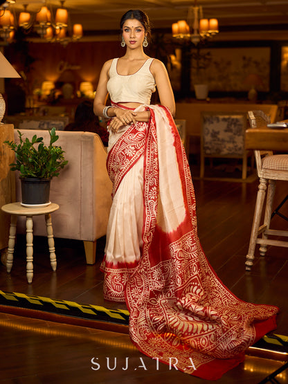 Handcrafted Ivory Pure Silk Saree with Red Kalamkari Print & Ombre Effect