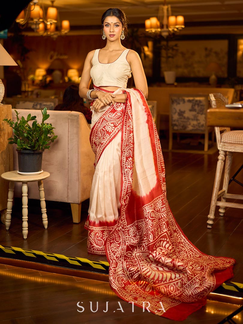 Handcrafted Ivory Pure Silk Saree with Red Kalamkari Print & Ombre Effect