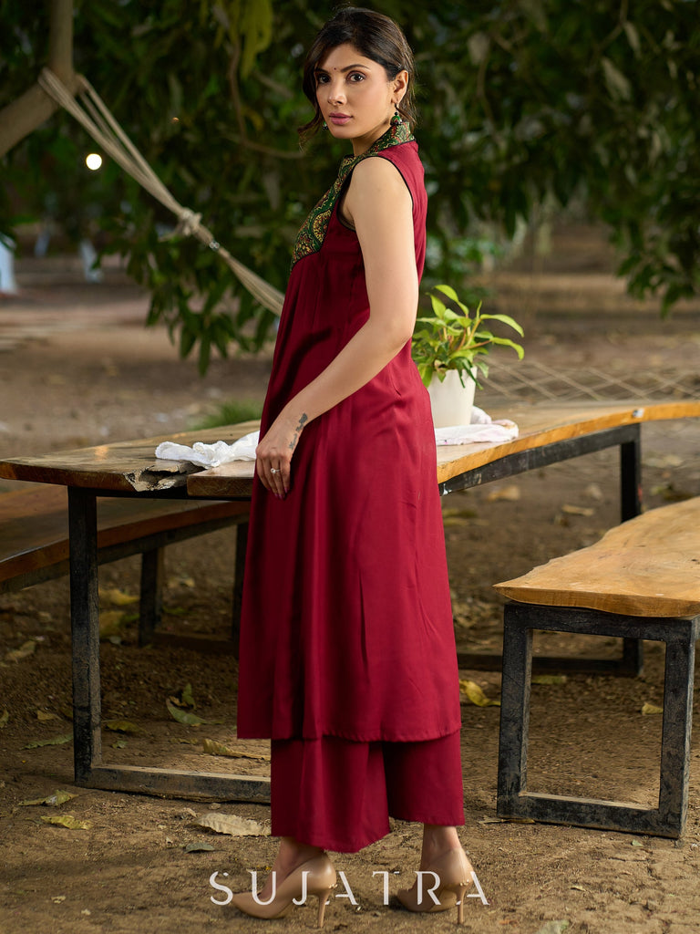 Maroon Halter Neck Kurta with Structured Pleats and Ajrakh Yoke