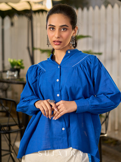 Elegant Blue Cotton Statement Shirt with Minimal Kantha Embroidery