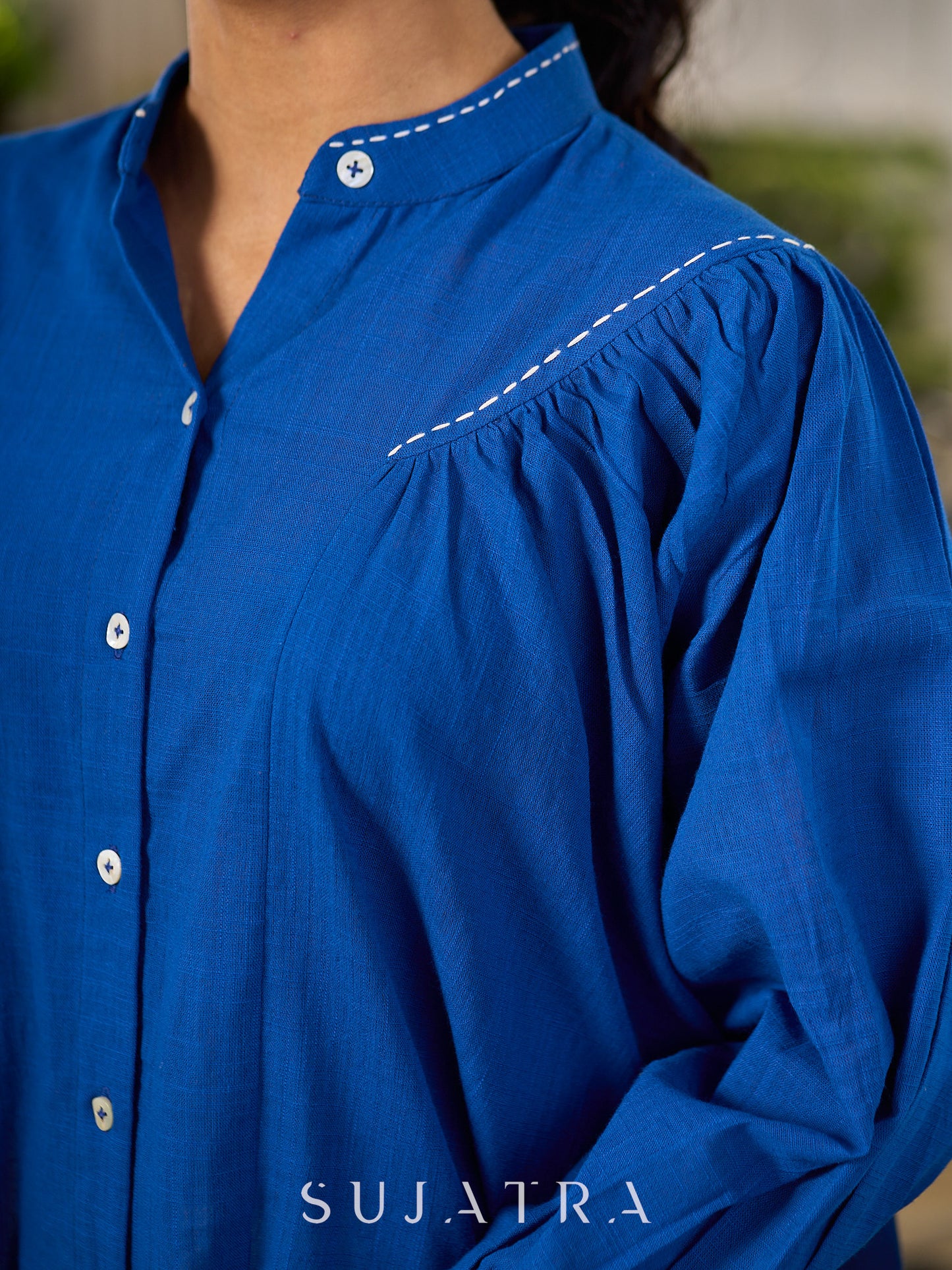 Elegant Blue Cotton Statement Shirt with Minimal Kantha Embroidery