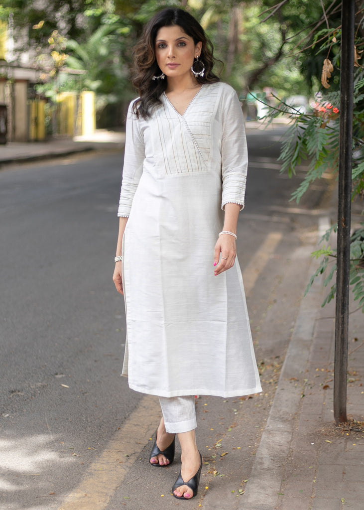 Trendy White Cotton Silk Straight Cut Kurta with White Bead Work on Neckline and Sleeves - Pant Optional