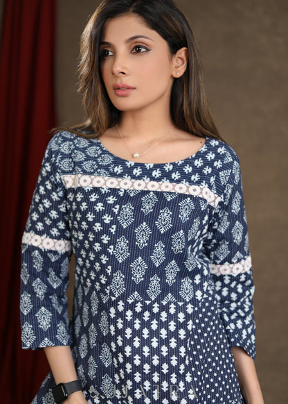 Smart Cotton Indigo Printed Top with White Lace