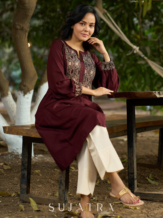 Brown flowy Rayon Pleated Kurta with Contrast Ajrakh Yoke