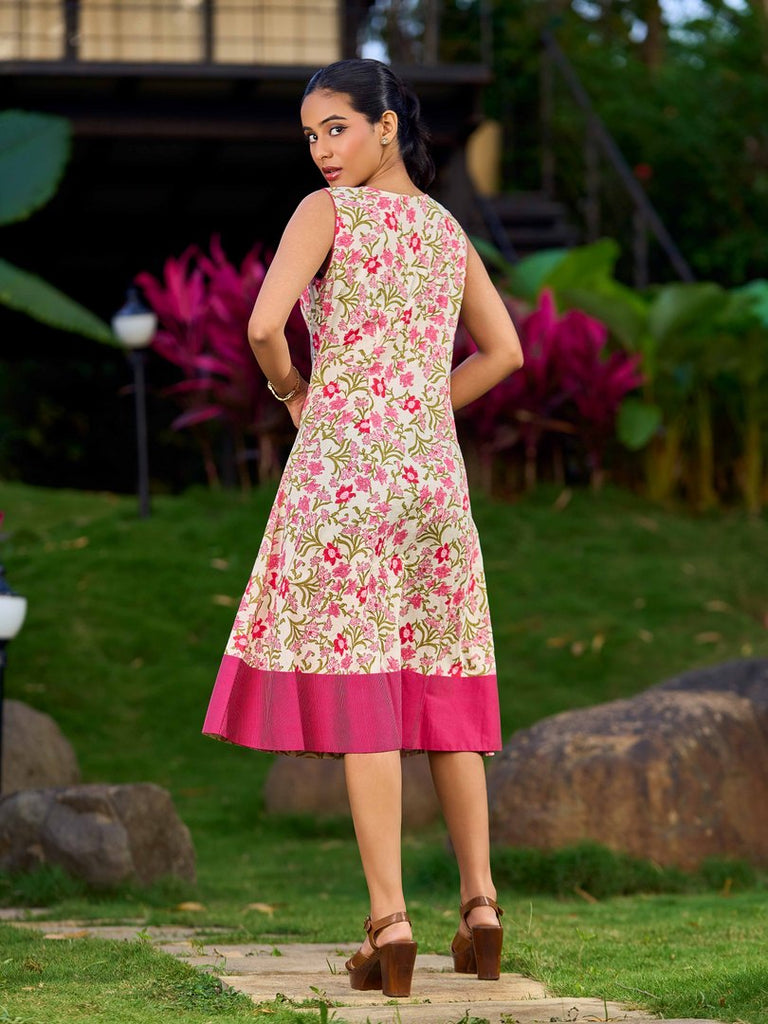 Soft Ivory Floral Cotton Dress With Magenta Panel And Front Button Placket