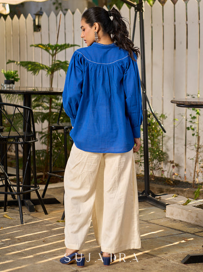 Elegant Blue Cotton Statement Shirt with Minimal Kantha Embroidery