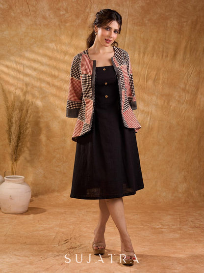 Terracotta Black Polka Geometric Print Cotton Short Jacket with Flared Bell Sleeves