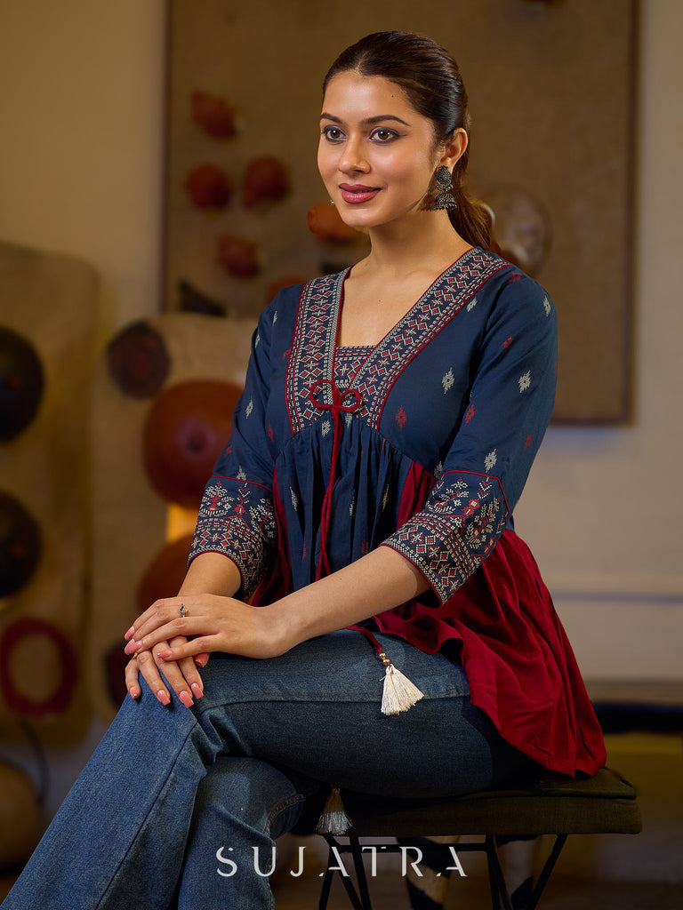 Indie Boho Printed Top with Blue & Maroon Gathered Detailing