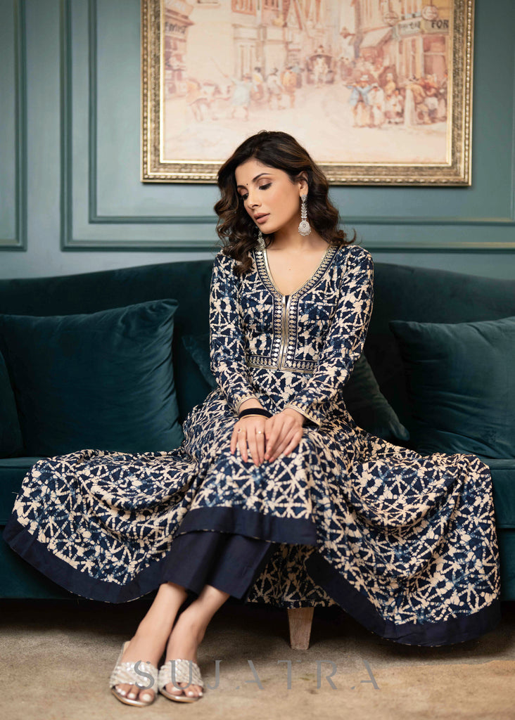 Hand Embroidered Rayon Printed Flared Kurta With Dupatta -  Navy Blue Pant Optional
