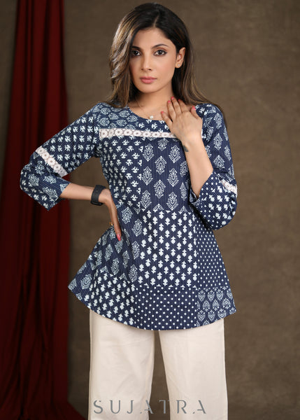 Smart Cotton Indigo Printed Top with White Lace