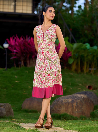 Soft Ivory Floral Cotton Dress With Magenta Panel And Front Button Placket