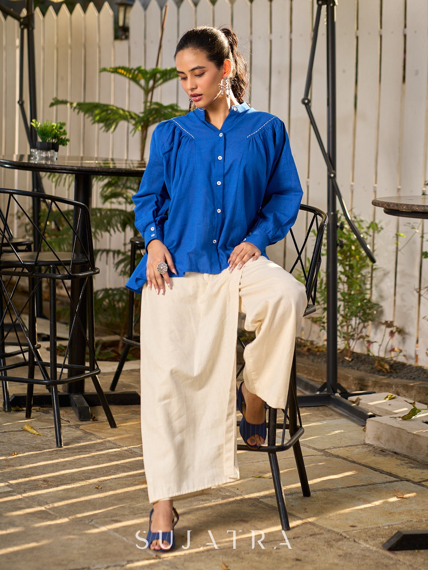 Elegant Blue Cotton Statement Shirt with Minimal Kantha Embroidery