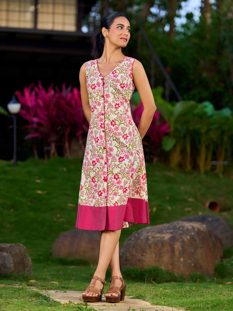 Soft Ivory Floral Cotton Dress With Magenta Panel And Front Button Placket