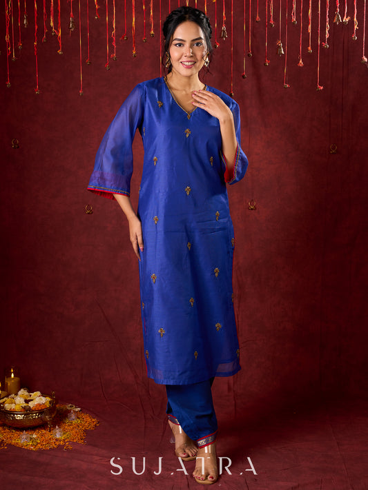 Blue Chanderi Hand Embroidered Kurta