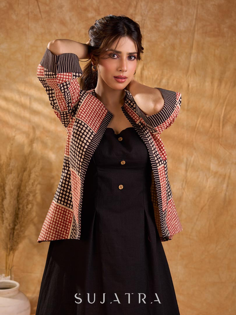 Terracotta Black Polka Geometric Print Cotton Short Jacket with Flared Bell Sleeves