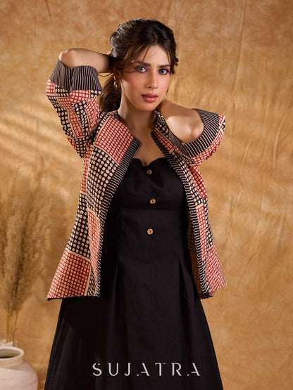 Terracotta Black Polka Geometric Print Cotton Short Jacket with Flared Bell Sleeves