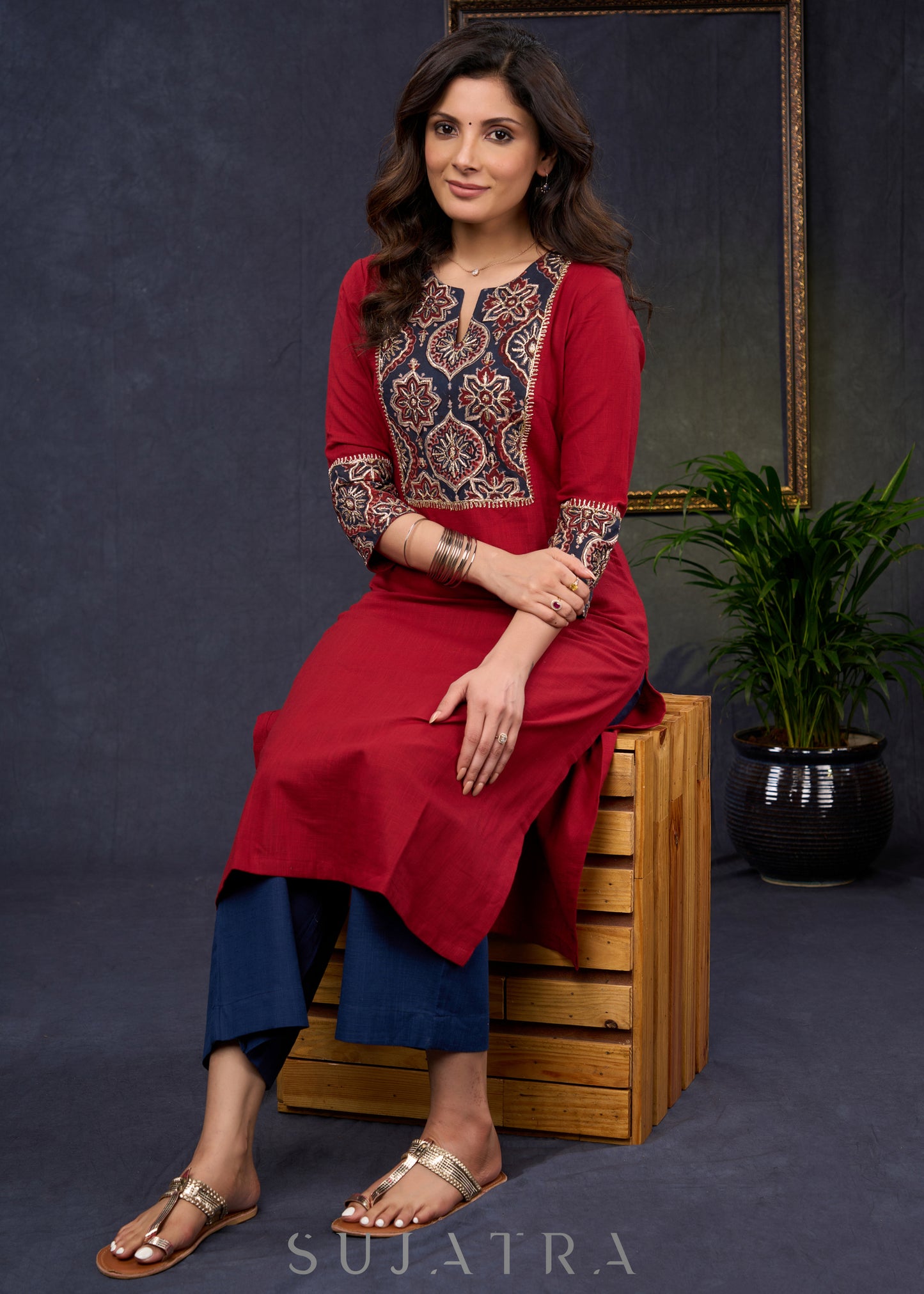 Elegant-Maroon-Cotton-Straight-Cut-Kurta-With-Ajrakh-Embroidered-Yoke--Pant-Optional