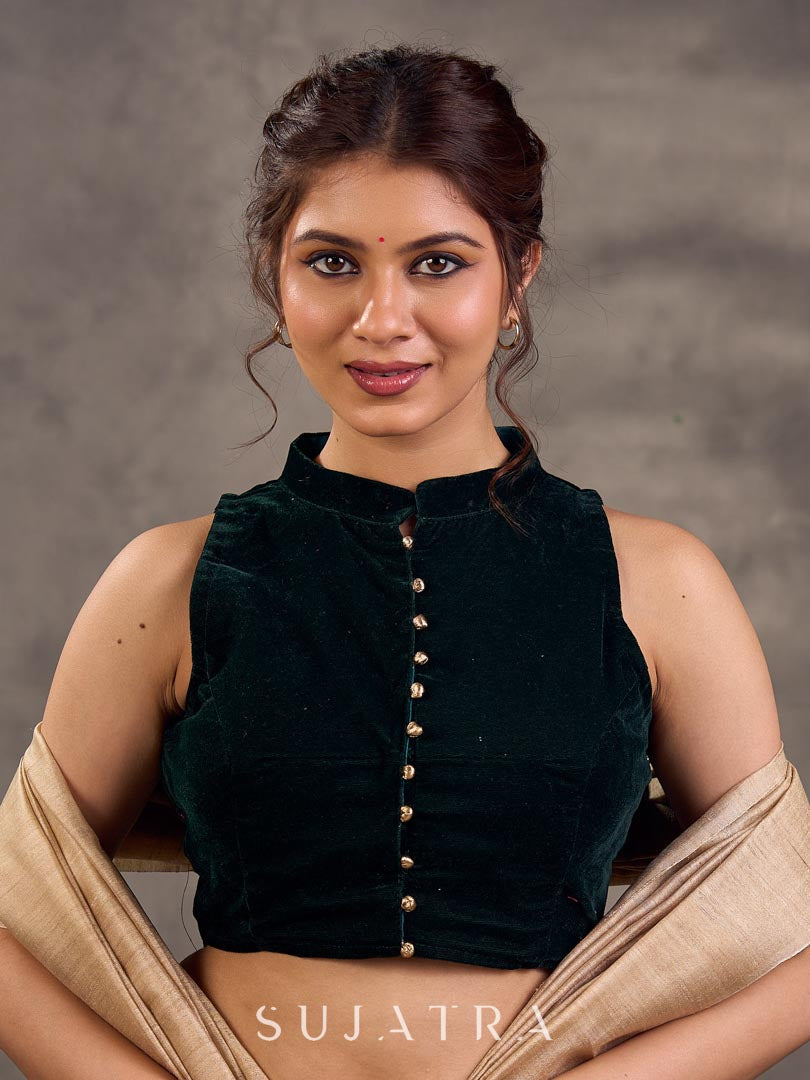 Emerald Green Velvet Sleeveless Collared Blouse with Gold Button Detailing
