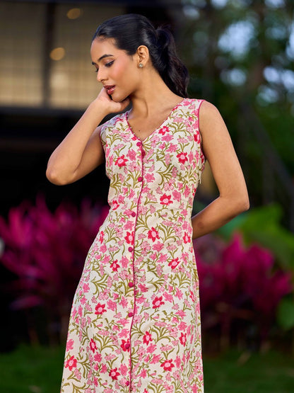 Soft Ivory Floral Cotton Dress With Magenta Panel And Front Button Placket