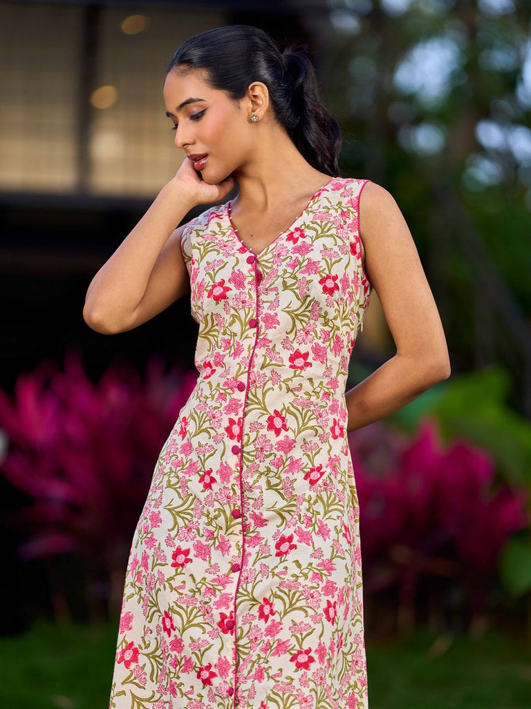 Soft Ivory Floral Cotton Dress With Magenta Panel And Front Button Placket