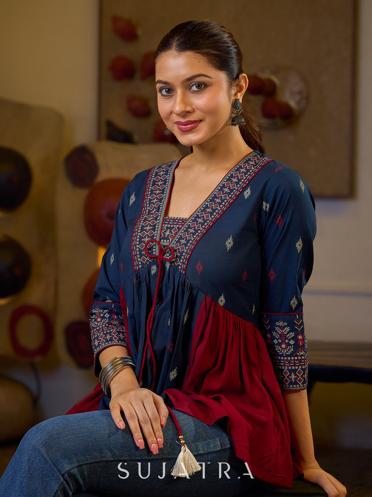 Indie Boho Printed Top with Blue & Maroon Gathered Detailing