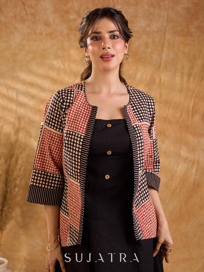 Terracotta Black Polka Geometric Print Cotton Short Jacket with Flared Bell Sleeves