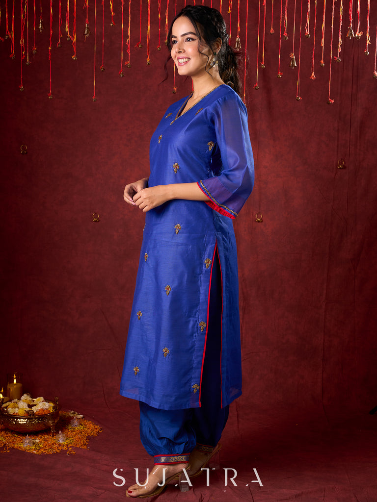 Blue Chanderi Hand Embroidered Kurta