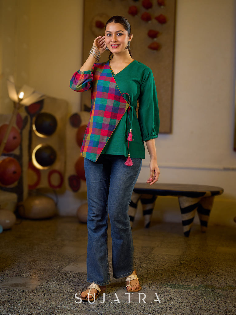 Vibrant Checkered Handloom Cotton Wrap Style Top with Plain Green Combination