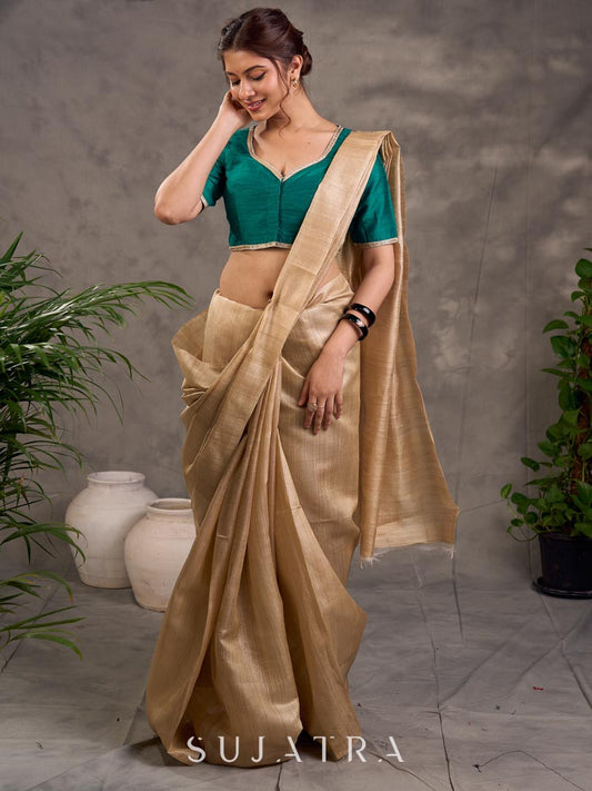 Handcrafted Beige Pure Tussar Silk Saree