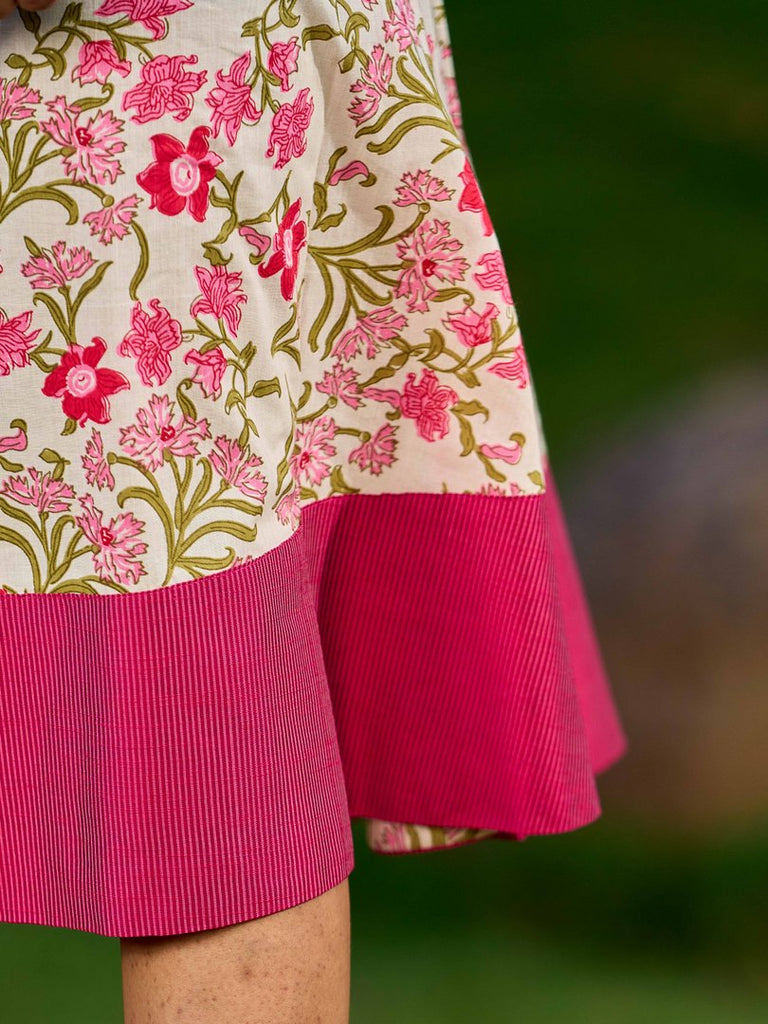 Soft Ivory Floral Cotton Dress With Magenta Panel And Front Button Placket