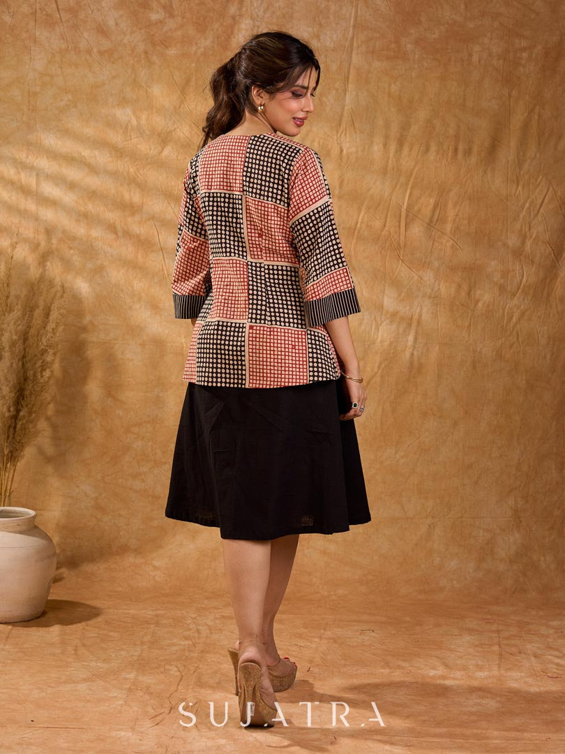 Terracotta Black Polka Geometric Print Cotton Short Jacket with Flared Bell Sleeves