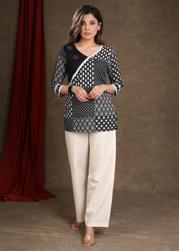 Black Cotton Katha Printed Top with Moti & Lace Detailing
